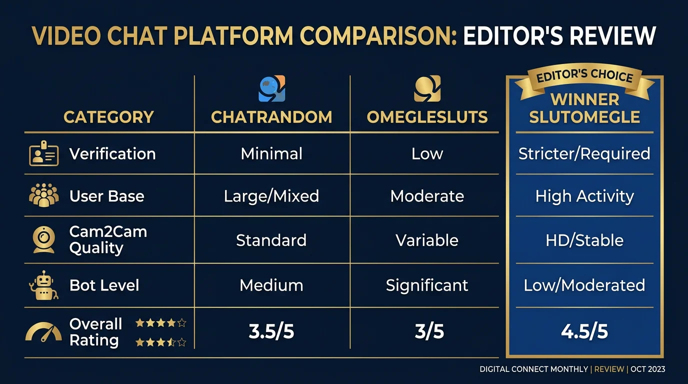Comparison table Chatrandom vs Omeglesluts vs SlutOmegle verification user base cam2cam quality bot levels ratings 2026