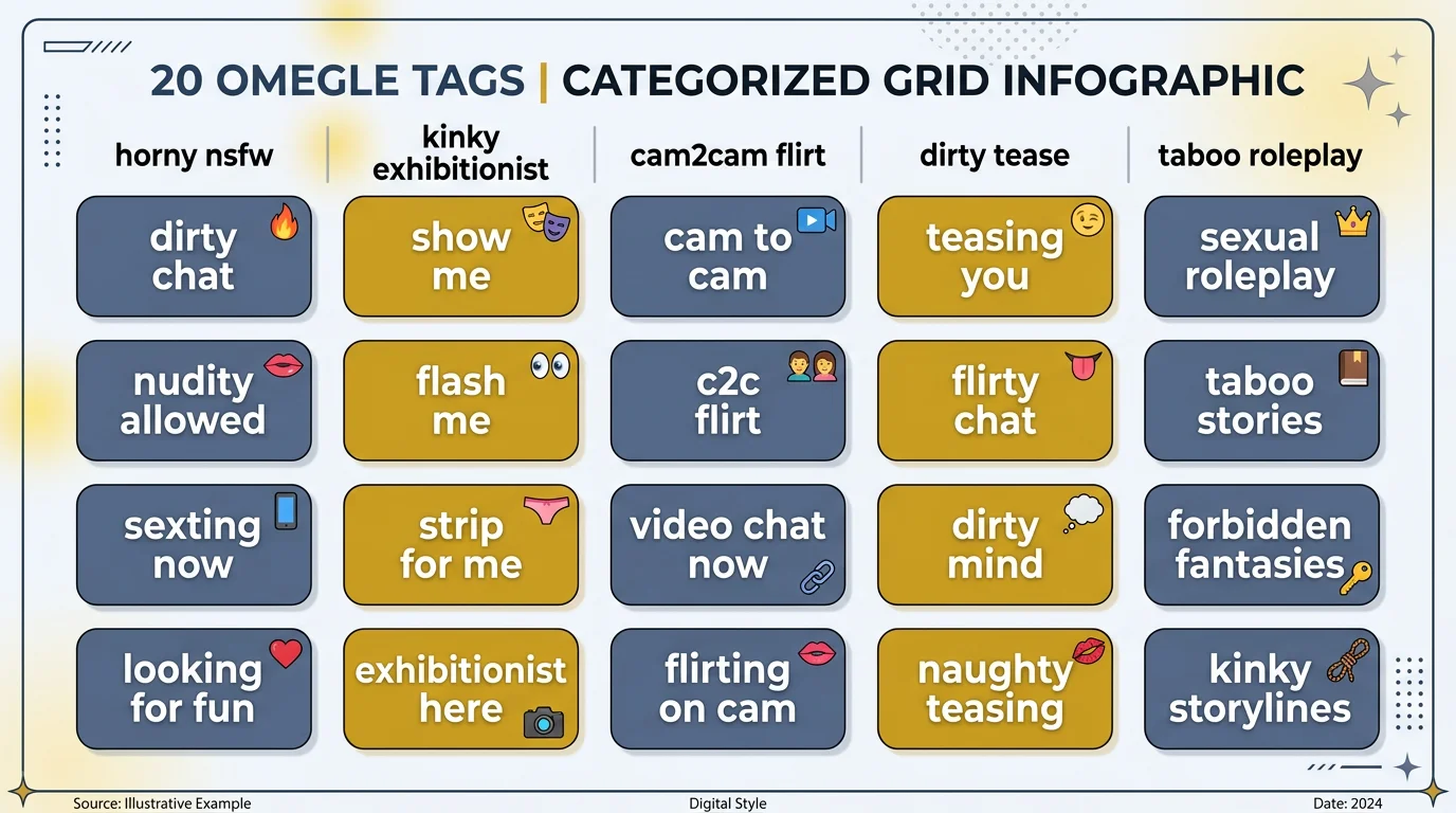 Top 20 Omegle tags to find girls fast grid horny nsfw kinky exhibitionist cam2cam flirt dirty tease taboo roleplay 2026