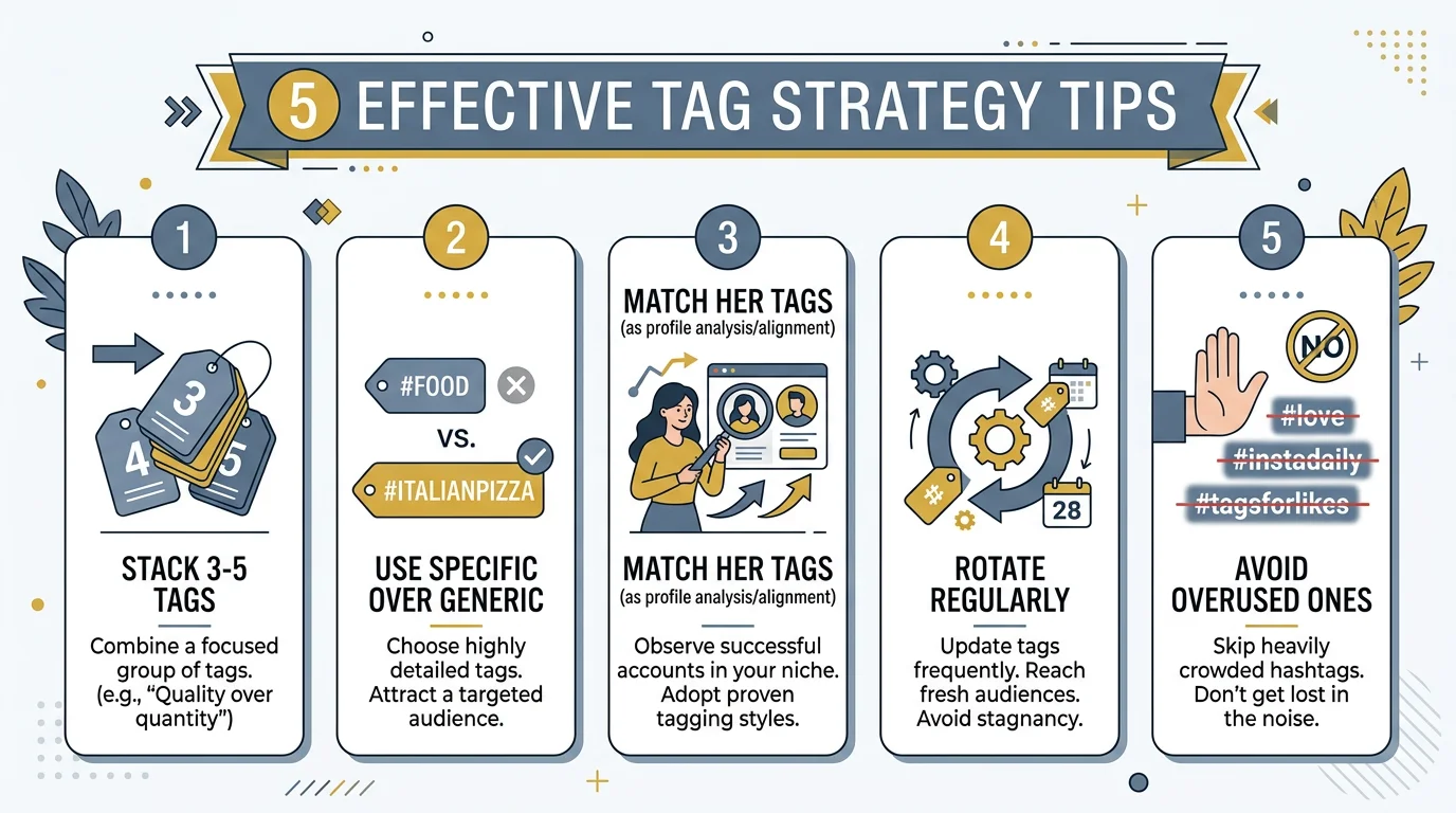 5 tag strategy tips for Omegle stack 3-5 tags use specific over generic match her tags rotate regularly avoid overused 2026