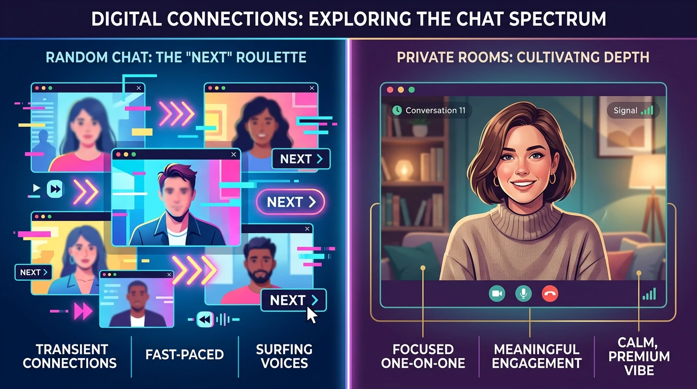 Random chat chaos versus private cam room depth in 2026