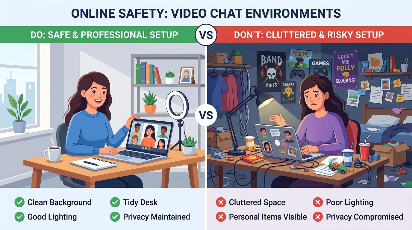 Side-by-side comparison showing safe versus unsafe video chat practices
