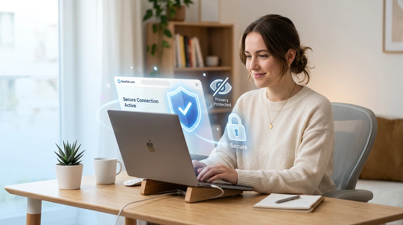 Person using laptop with privacy shield icon overlay for safe video chatting