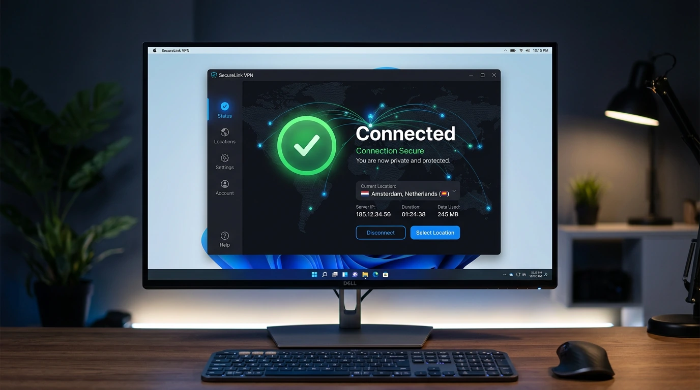 VPN connection interface showing anonymous browsing for video chat safety