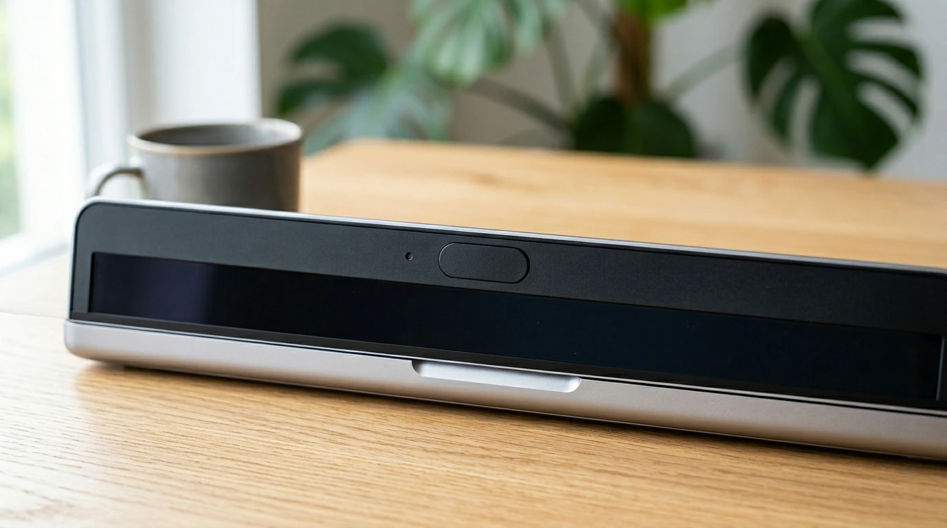 Laptop with webcam cover on desk showing privacy protection method